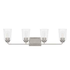 Evangeline 32-3/8 in. 4-Light Brushed Nickel Farmhouse Bathroom Vanity Light with Clear Seeded Glass Shades