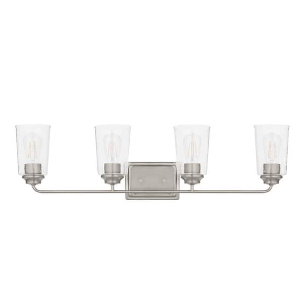 Evangeline 32-3/8 in. 4-Light Brushed Nickel Farmhouse Bathroom Vanity Light with Clear Seeded Glass Shades