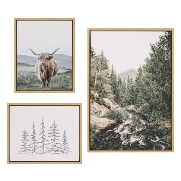 Kate and Laurel Meet Me Here, Highland Cow Landscape and Evergreen Trees Framed Nature Canvas Wall Art Print 33 in. x 23 in. (Set of 2)