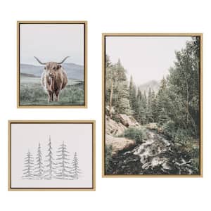 Meet Me Here, Highland Cow Landscape and Evergreen Trees Framed Nature Canvas Wall Art Print 33 in. x 23 in. (Set of 2)