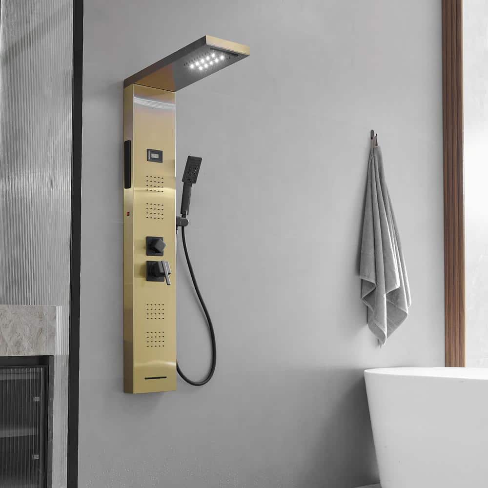 Gold Brushed Stainless Steel Shower Panel with LED and Handheld Wand