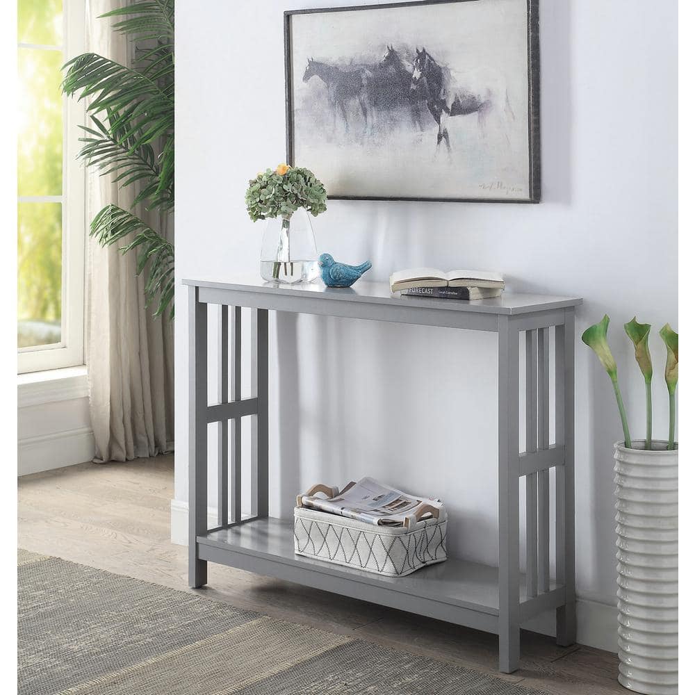 Elegant Gray Mission-Inspired Console Table with Glass Overlay and Storage Shelf