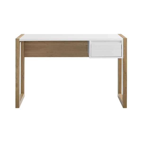 Welwick Designs 46 Fluted Drawer Composite Writing Desk English Oak Solid White Hd8577 The Home Depot