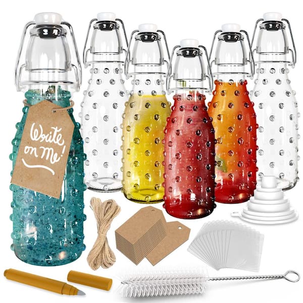 8.5 oz. Dotted Round Swing Top Glass Bottles with Funnel, Bottle Brush, Tags, Shrink Wrap (Set of 6)