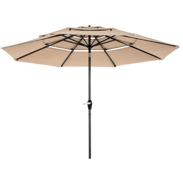 Otryad 9.64 ft. Steel Market Outdoor Patio Umbrella with 8-Ribs, 3-Tier Auto-Tilt Umbrella, (Base Not Included) in Khaki