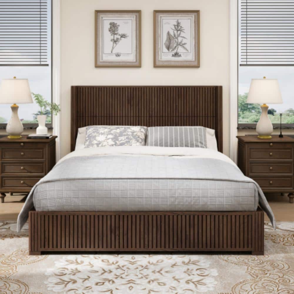 Queen Solid Wood Platform Bed with Headboard, Walnut Bed Frame, No Box Spring Needed, Easy Assembly