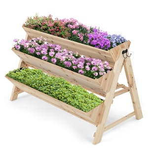 3-Tier Vertical Garden Bed Wooden Elevated Planter Bed W/Legs Storage Shelf 2 Hooks Raised Bed Kit