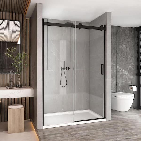 Sunrosa 47 2/8 - 48 in. W x 76 in. H Single Sliding Frameless Shower Door in Matte Black Finish with Clear Tempered Glass