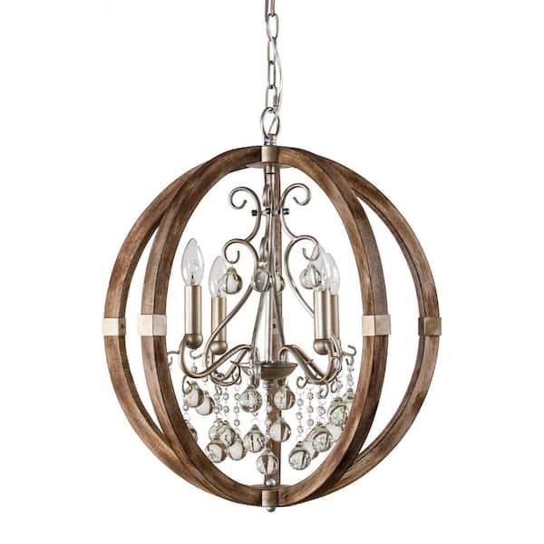 Farmhouse 4-Light Weathered Wood Orb Crystal Chandelier for Living Room, Dining Room
