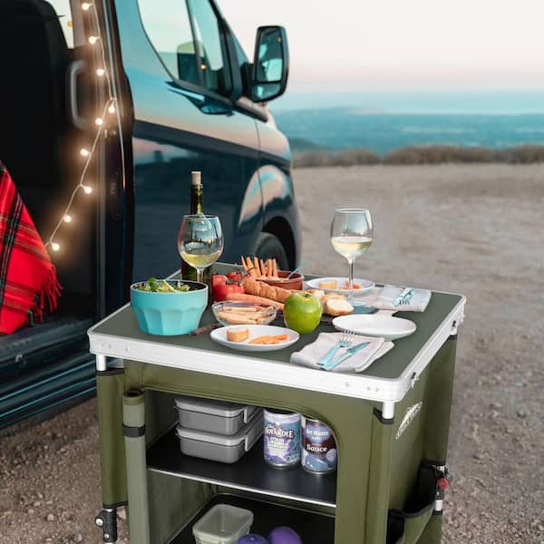 EAGLE PEAK Portable Folding Camping Kitchen Table with Storage Organizer, Green