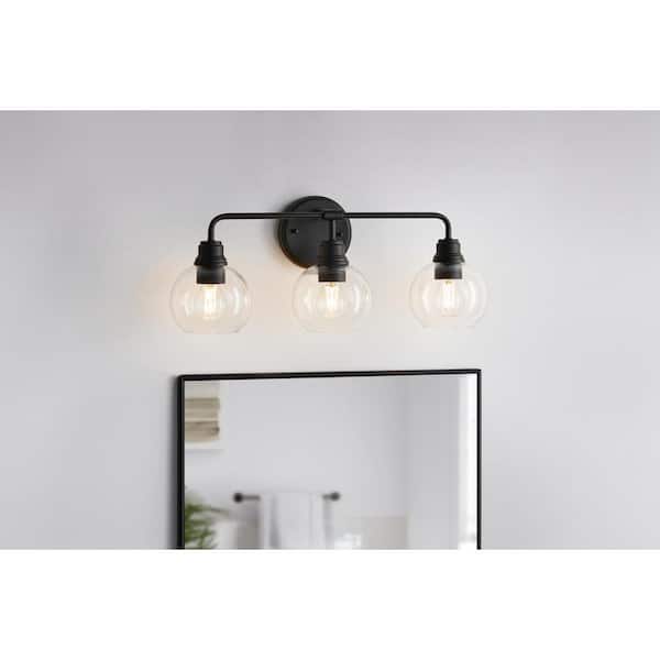 Hampton Bay Florabelle 24 in. W 3-Light Vanity Light Matte Black Clear Globe Glass Shades