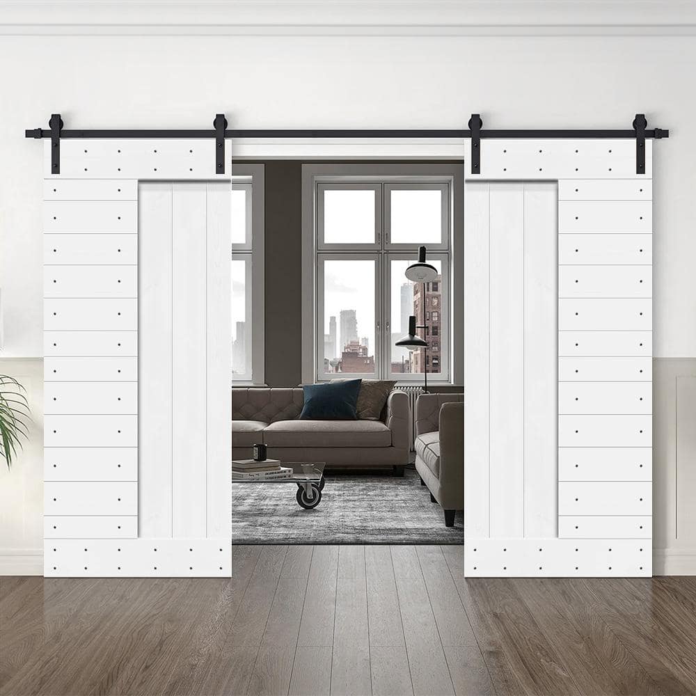 Pure White Solid Knotty Pine Wood Double Sliding Barn Door Kit
