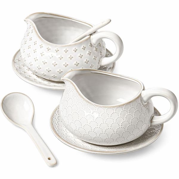 Set of 2 Arctic White Ceramic Gravy Boat 10 oz with Ladle Saucer Stand Firework Clover Pattern TAUCI