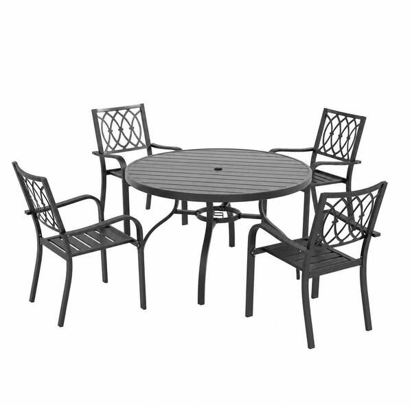 Black 5‑Piece Round Metal Outdoor Dining Set in Black with Black Table ...