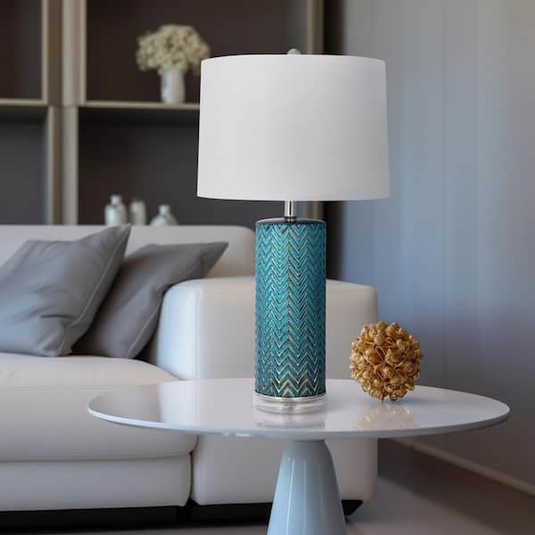 28 in. Blue Chevron Table Lamp with White Linen Shade