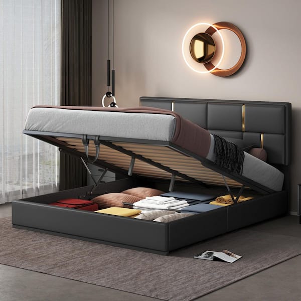 Nestfair Black Wood Frame Queen Size Upholstered Platform Bed with Storage and PU Fabric Headboard