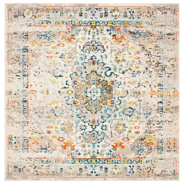 Madison Cream/Blue 11 ft. x 11 ft. Border Geometric Floral Medallion Square Area Rug