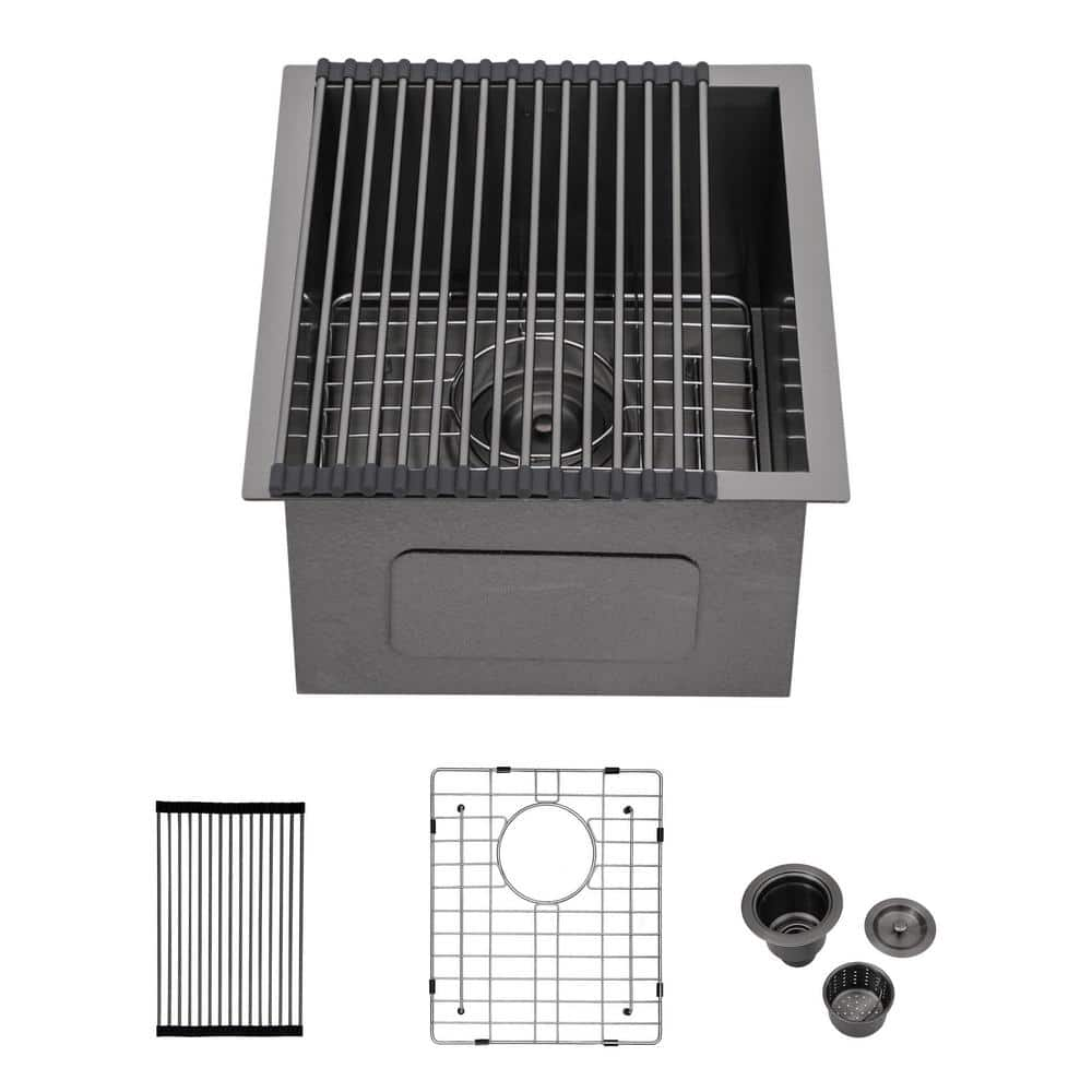 15 in. Undermount Single Bowl 18-Gauge Gunmetal Black Stainless Steel Kitchen Sink with Bottom Grid and Drying Rack -  EPOWP, LX-KS-21-1