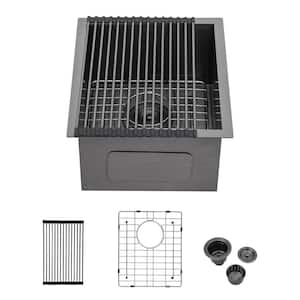 15 in. Undermount Single Bowl 18-Gauge Gunmetal Black Stainless Steel Kitchen Sink with Bottom Grid and Drying Rack