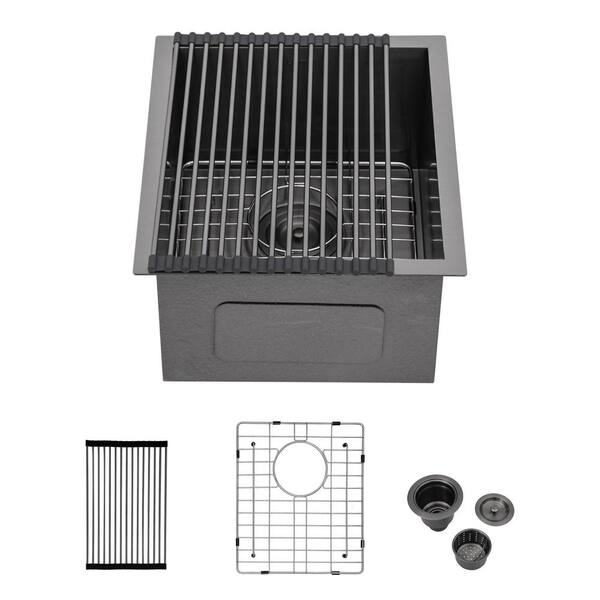 EPOWP 15 in. Undermount Single Bowl 18-Gauge Gunmetal Black Stainless Steel Kitchen Sink with Bottom Grid and Drying Rack