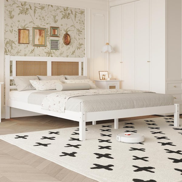 Harper & Bright Designs Exquisite Elegance White Wood Frame Queen Size Platform Bed with Natural Rattan Headboard