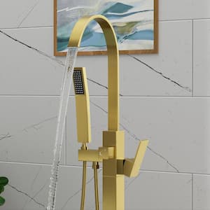 Modern Single-Handle Freestanding Tub Faucet with Hand Shower in Brushed Gold