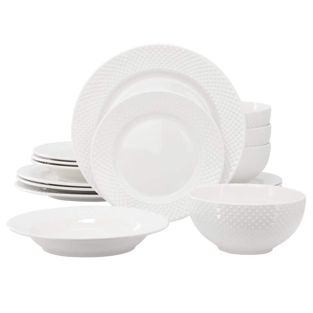 Olivia 16 Piece Hobnail Double Bowl Porcelain Dinnerware Set in White