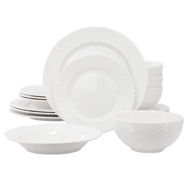 Elama Olivia 16 Piece Hobnail Double Bowl Porcelain Dinnerware Set in White