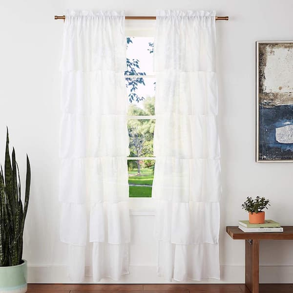 Crisp White Ruffle Rod Pocket Light Filtering Curtain - 76 in. W x 84 in. L (Set of 2)