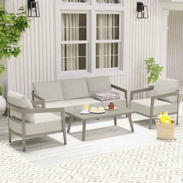 NovaRest 4-Piece Aluminum Wicker Patio Conversation Set with 3-Seat Sofa, Coffee Table and Gray Cushions