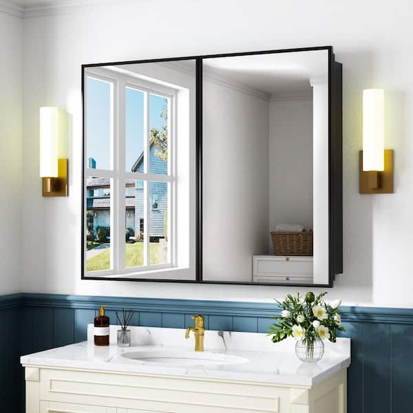 36 in. W x 30 in. H Rectangular Iron Medicine Cabinet with Mirror and Adjustable Shelves, Recessed or Surface Mount