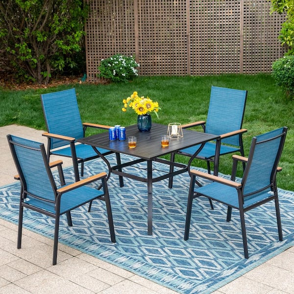 PHI VILLA Black 5-Piece Metal Outdoor Patio Dining Set with Slat Square ...