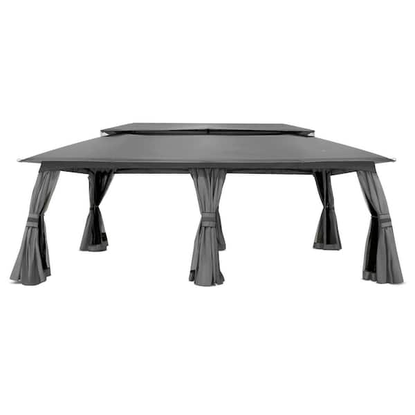 Gardenbee 20 ft. x 10 ft. Outdoor Patio Double Vented Roof Gazebo with Gray Curtains and Mosquito Netting
