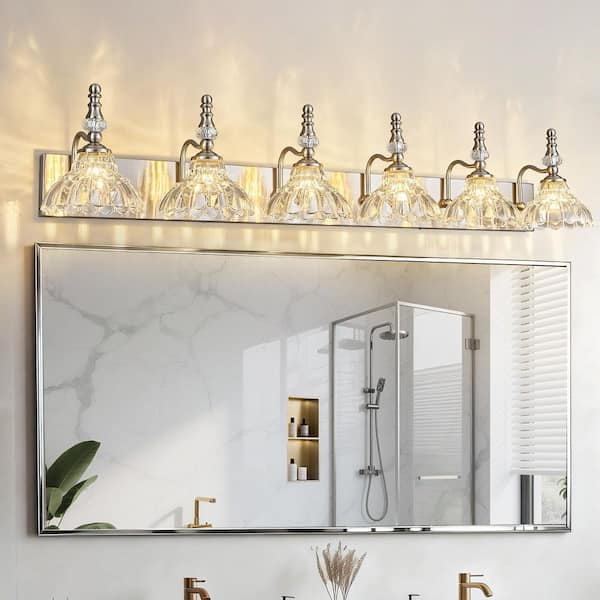 Home Lighting 46.45 in. 6-Light Nickel Vintage Bathroom Vanity Light with Flower Glass Shade Over Mirror for Bathroom