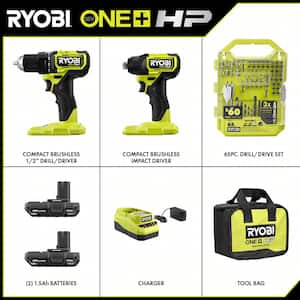 ONE+ HP 18V Brushless Cordless Compact 2-Tool Combo Kit w/Drill, Impact Driver, Batteries, Charger, Bag, & 65PC Bit Set