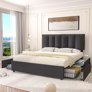 Upholstered Bed Frame Black Full Metal Frame With 4-Storage Drawers and Adjustable Headboard Platform Bed Frame