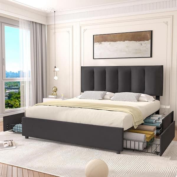 Upholstered Bed Frame Black Full Metal Frame With 4-Storage Drawers and Adjustable Headboard Platform Bed Frame