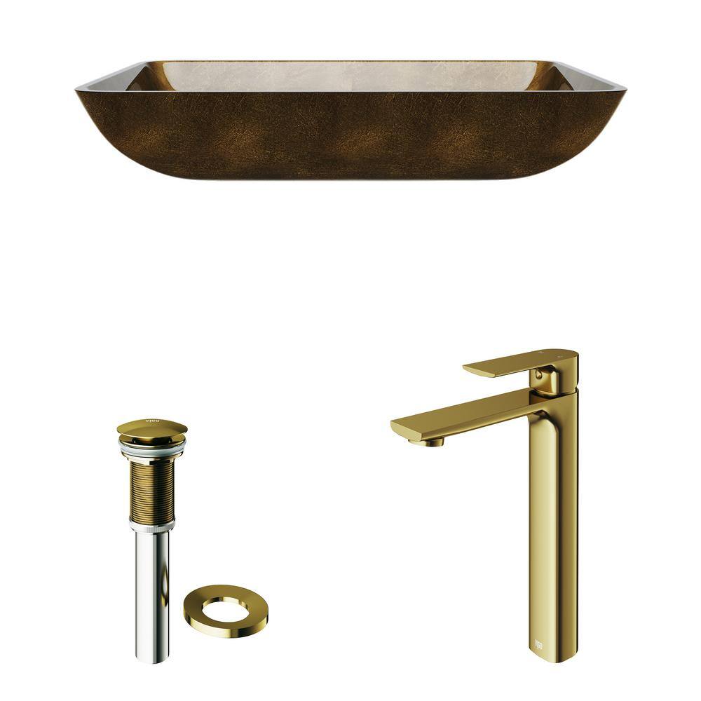 Copper Glass Rectangular Vessel Sink with Matte Gold Faucet
