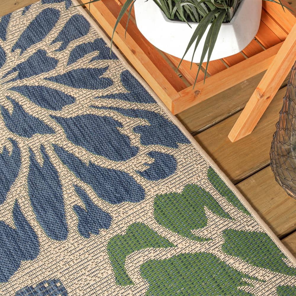Zinnia Navy & Green Modern Floral Flatweave 3x5 Indoor/Outdoor Rug