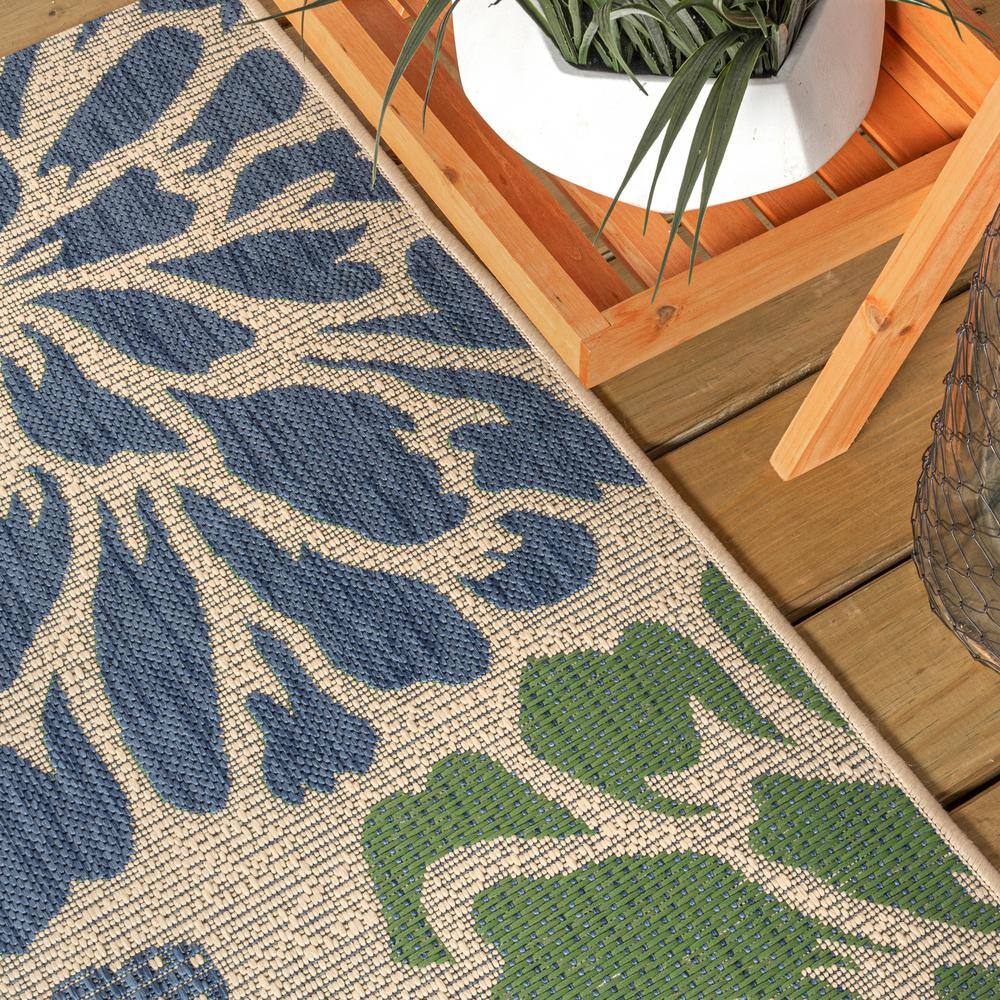 Navy and Green Floral Synthetic Square Area Rug