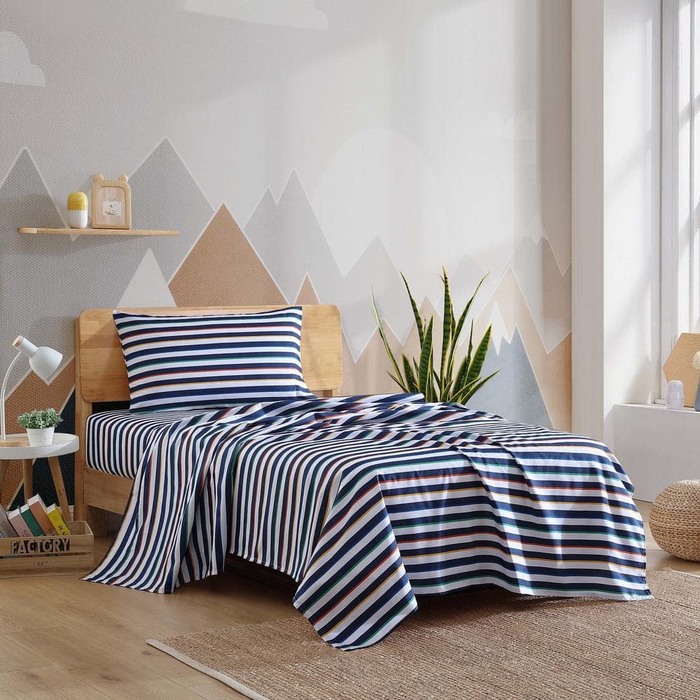 Blue Striped Polyester Microfiber Queen Sheet Set