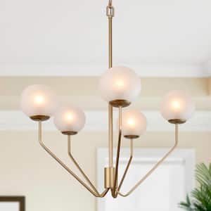Mid-Century Modern Living Room Chandelier 5-Light Brass Gold Globe Chandelier with Frosted Glass Shades