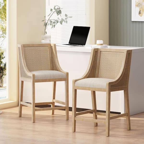 Chilacot 25.5 in. Beige Fabric Upholstered and Natural Finish Solid Wood Counter Stool with Cane Back (Set of 2)