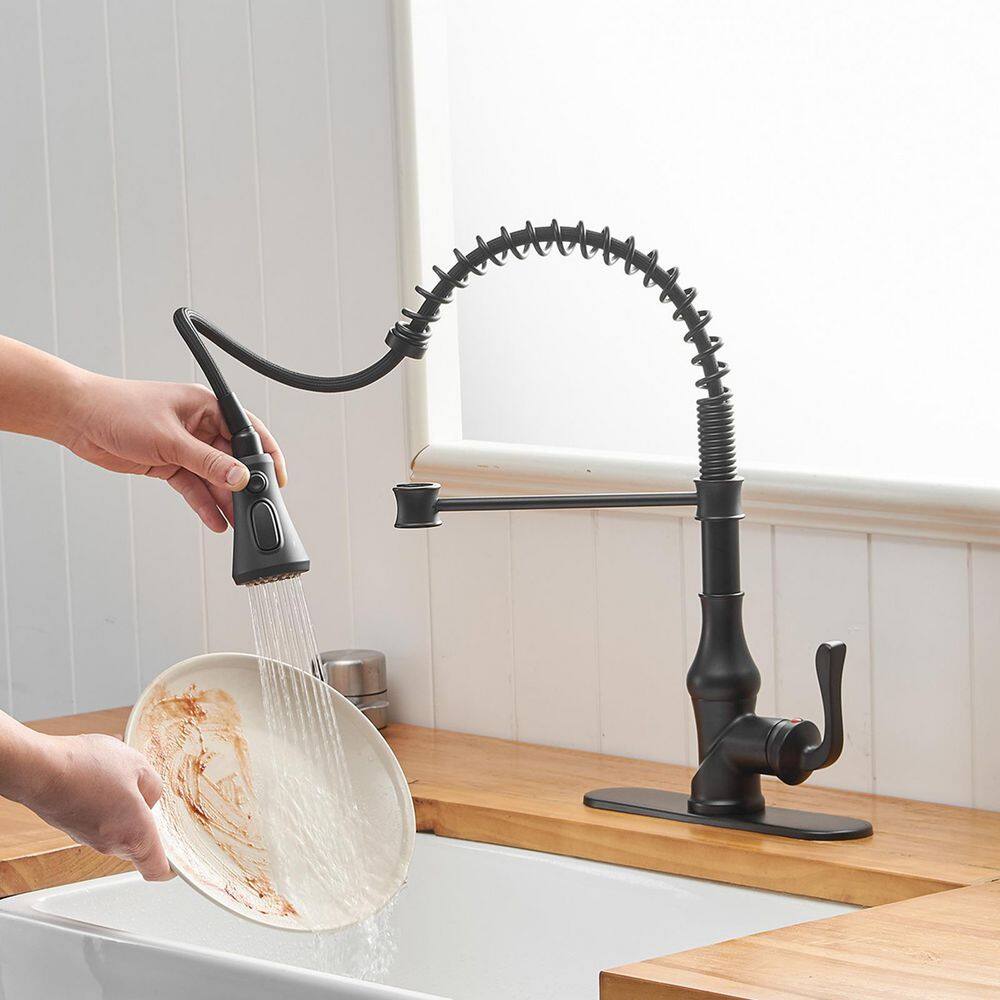Matte Black Pull-Down Kitchen Faucet with Deck Plate