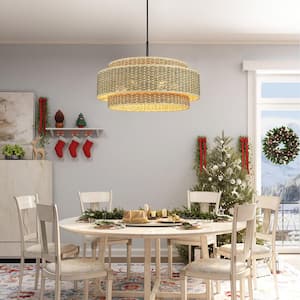 Orion 26 in. 6-Light Seagrass Chandelier Pendant with 3-Tiered Rattan Shade, Adjustable for Coastal and Farmhouse Decor