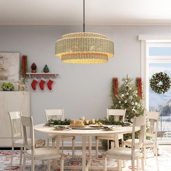 Orion 26 in. 6-Light Seagrass Chandelier Pendant with 3-Tiered Rattan Shade, Adjustable for Coastal and Farmhouse Decor