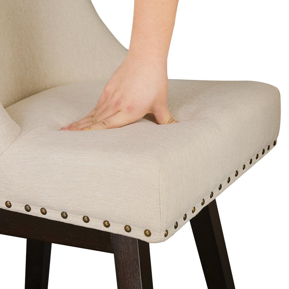 Off-White Linen Upholstered Swivel Counter Stools with Wood Legs, Set of 3
