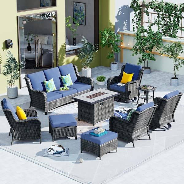 OVIOS Joyoung Gray 9-Piece Wicker Patio Rectangle Fire Pit Conversation Set with Denim Blue Cushions and Swivel Chairs