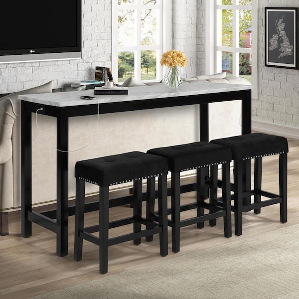 New Classic Furniture Celeste 4-piece Black Wood Top Bar Table Set with Faux Marble Top
