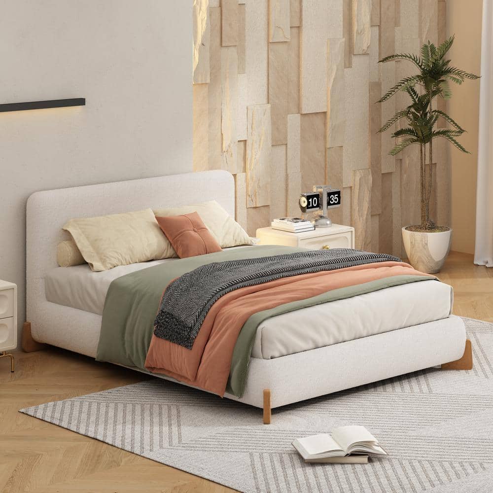 Astrielle Full Size Modern Upholstered Boucle Platform Bed with Headboard, Wood, White price history on PriceWatchPro